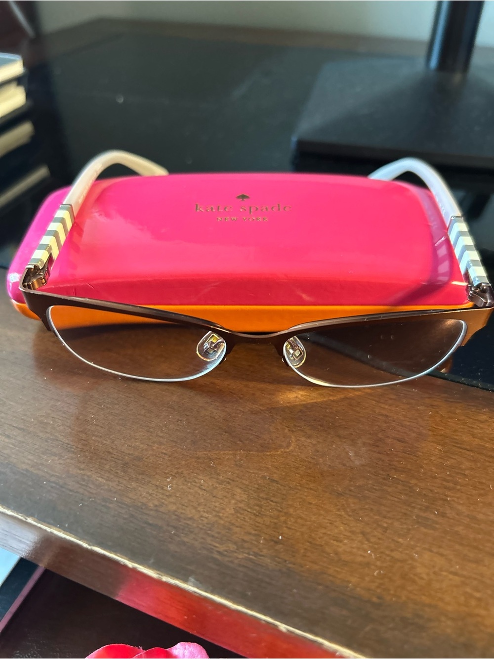 kate spade Pink and Orange Hard Eyeglass Case with Striped Arms